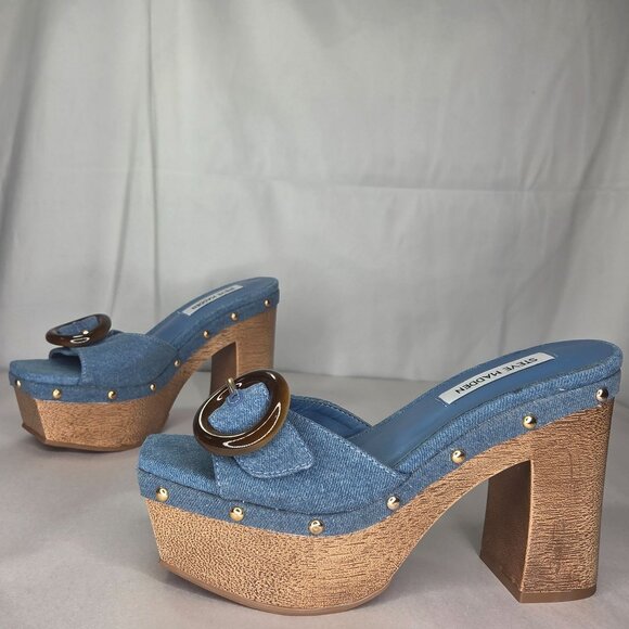 NWT Steve Madden Women's Dinnah Platform Buckle Dress Sandals - Denim - Picture 1 of 9